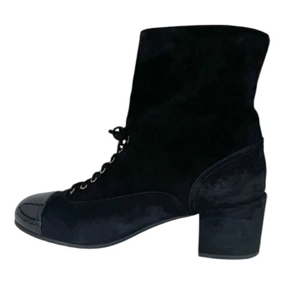 Chanel Suede Pearl CC Logo Patent Cap Toe Short Boots - Picture 4 of 16